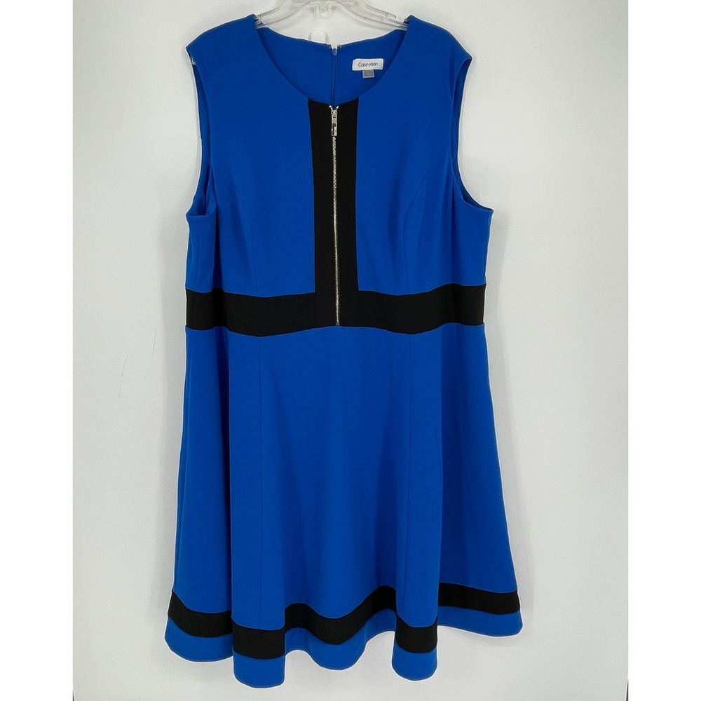 Calvin Klein Women's Blue Black Colorblock Fit Flare Dress Sleeveless Zip Sz 24W